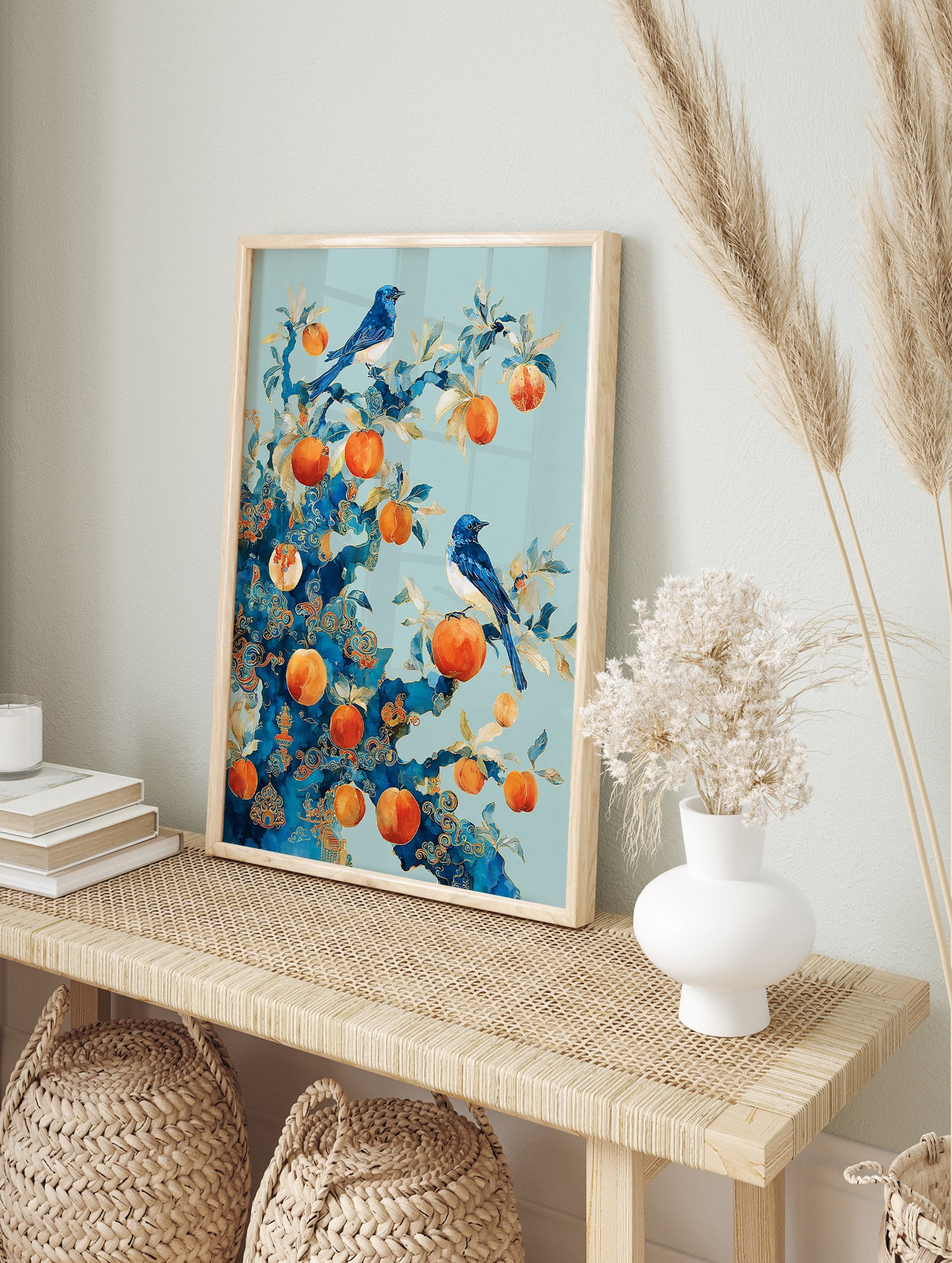 Blue bird poster with two blue birds perched on a stylized tree branch with orange fruits and gold patterns. - Image 4