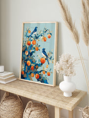Blue bird poster with two blue birds perched on a stylized tree branch with orange fruits and gold patterns. - Image 4
