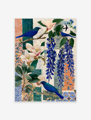 Blue bird with magnolia flowers and blue wisteria on patterned collage background, unframed print