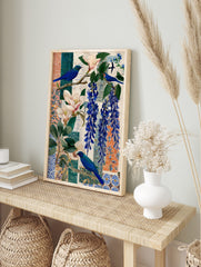 Blue bird with magnolia flowers and blue wisteria on patterned collage background, unframed, in an alternate framed mockup