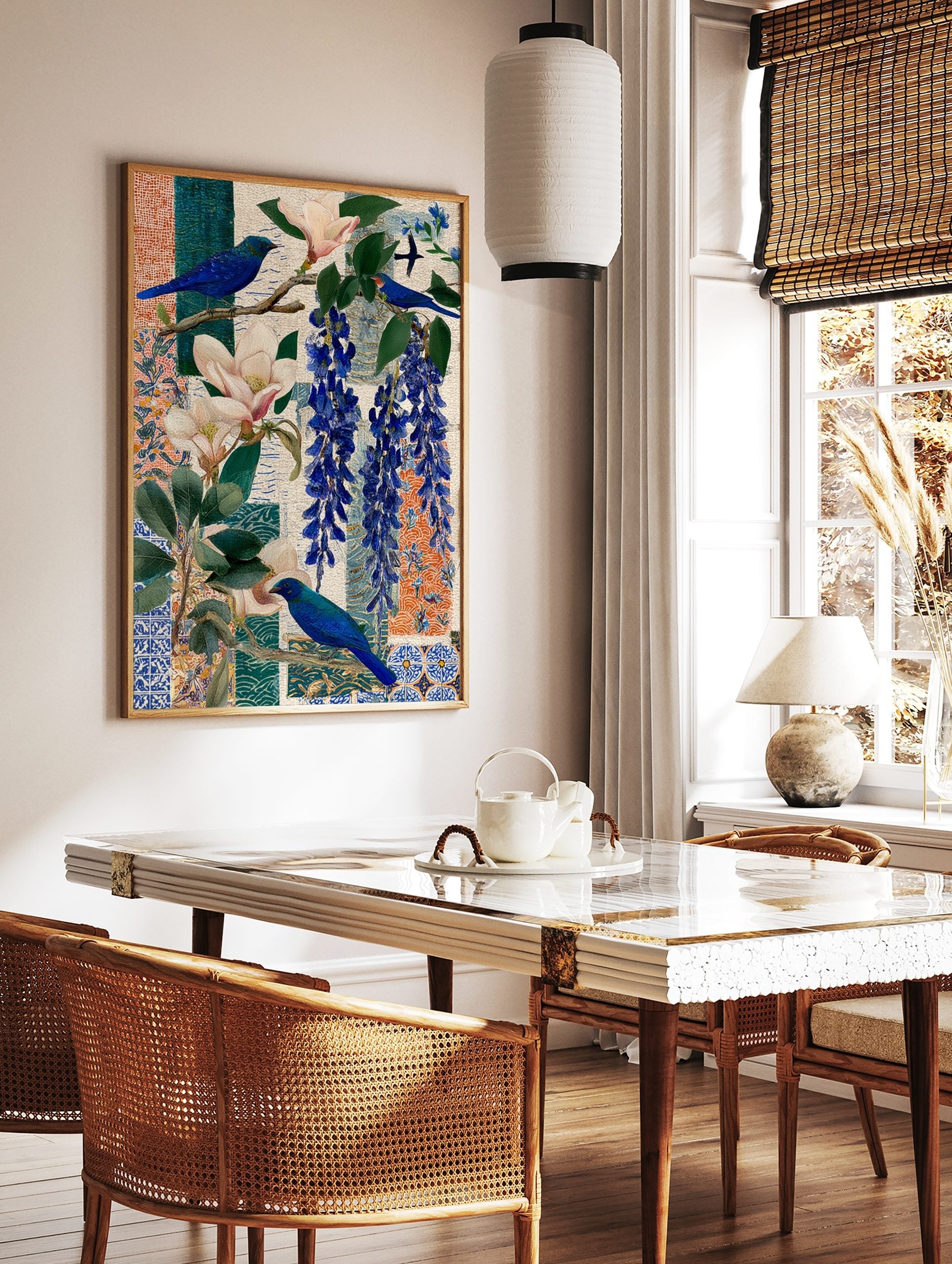 Blue bird with magnolia flowers and blue wisteria on patterned collage background, unframed print, in a styled room mockup