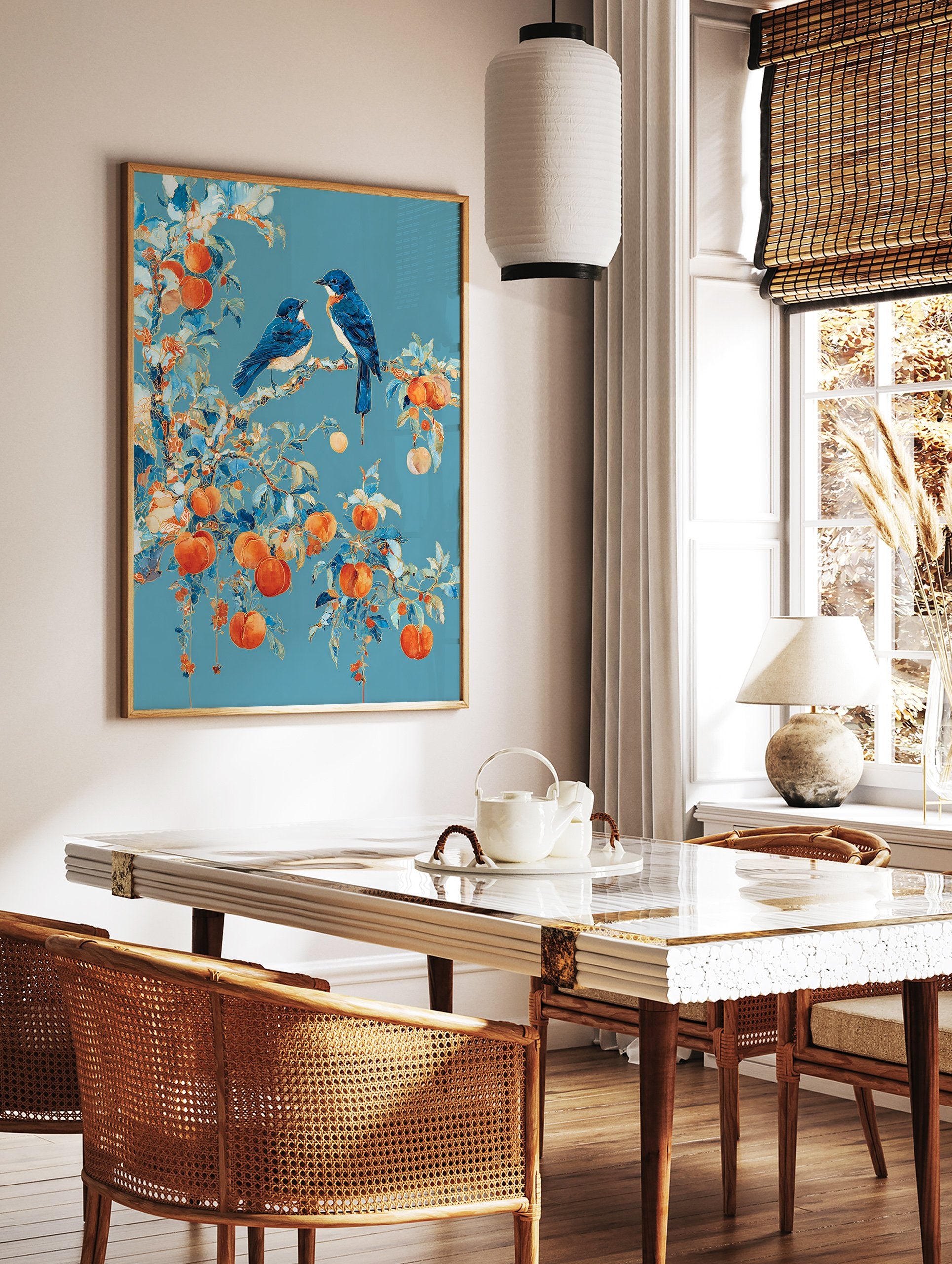 Blue Bird Peach Tree Poster featuring two blue birds perched on a branch with orange peaches and blue leaves against a teal background. - Image 2