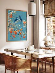 Blue Bird Peach Tree Poster featuring two blue birds perched on a branch with orange peaches and blue leaves against a teal background. - Image 2