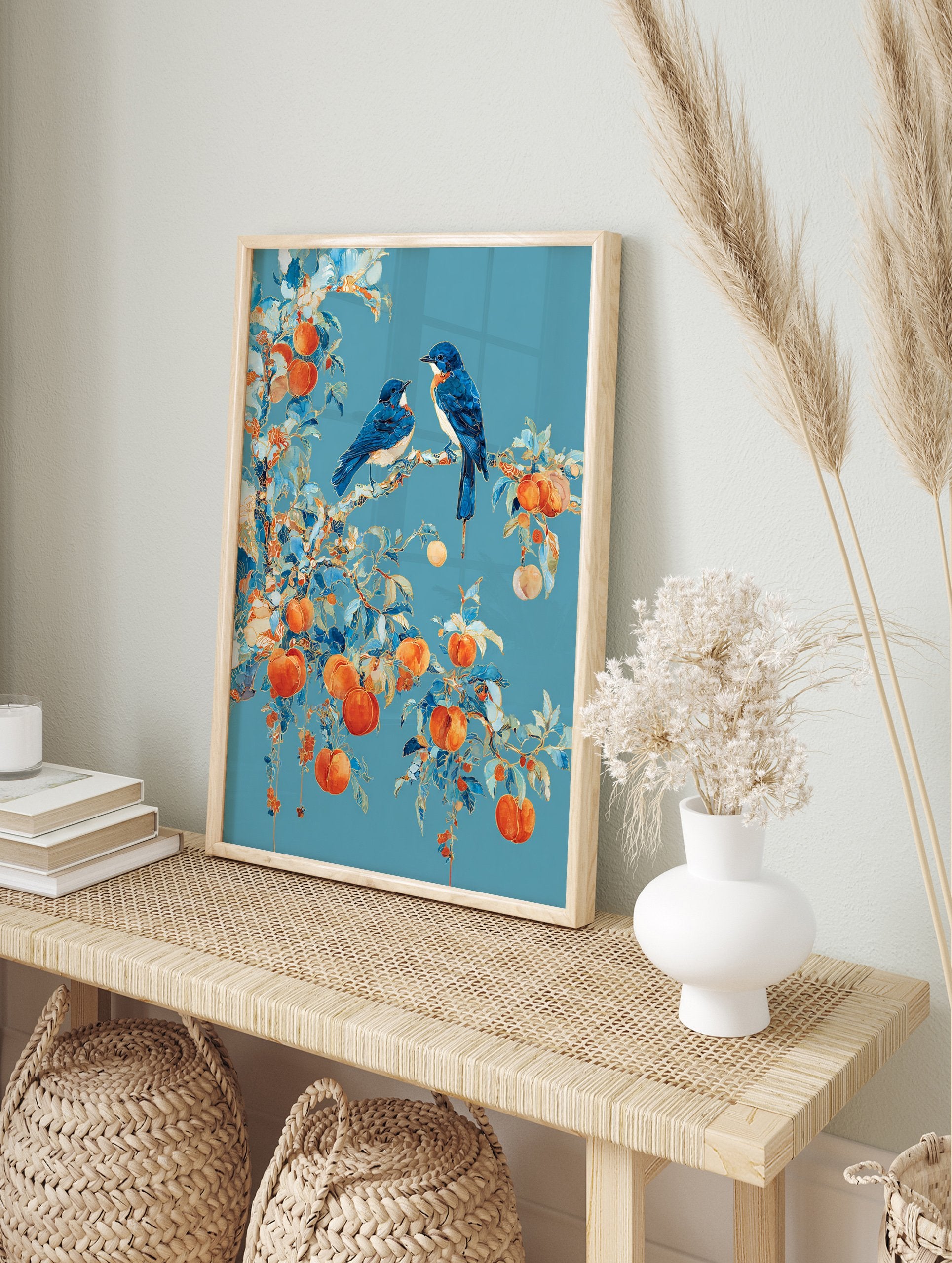 Blue Bird Peach Tree Poster featuring two blue birds perched on a branch with orange peaches and blue leaves against a teal background. - Image 4
