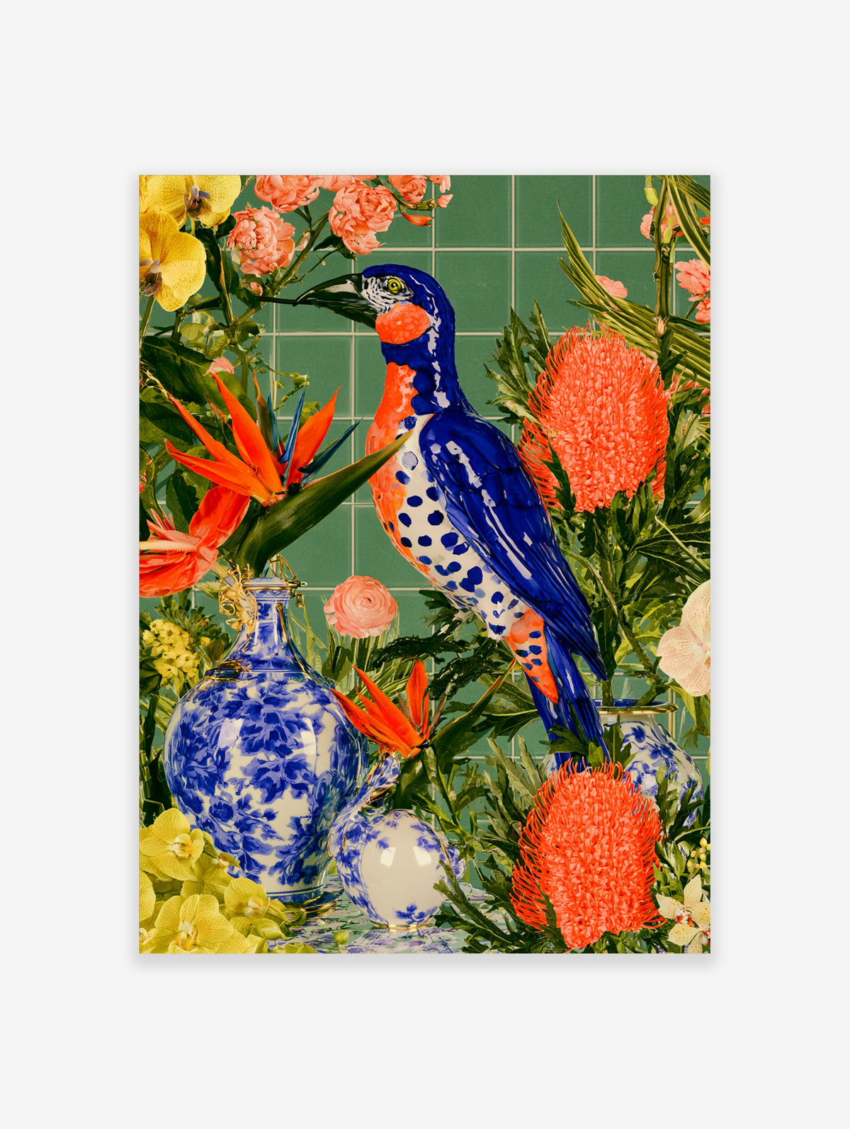 Blue ceramic bird with orange breast among orange proteas and blue-and-white vases on green tiles