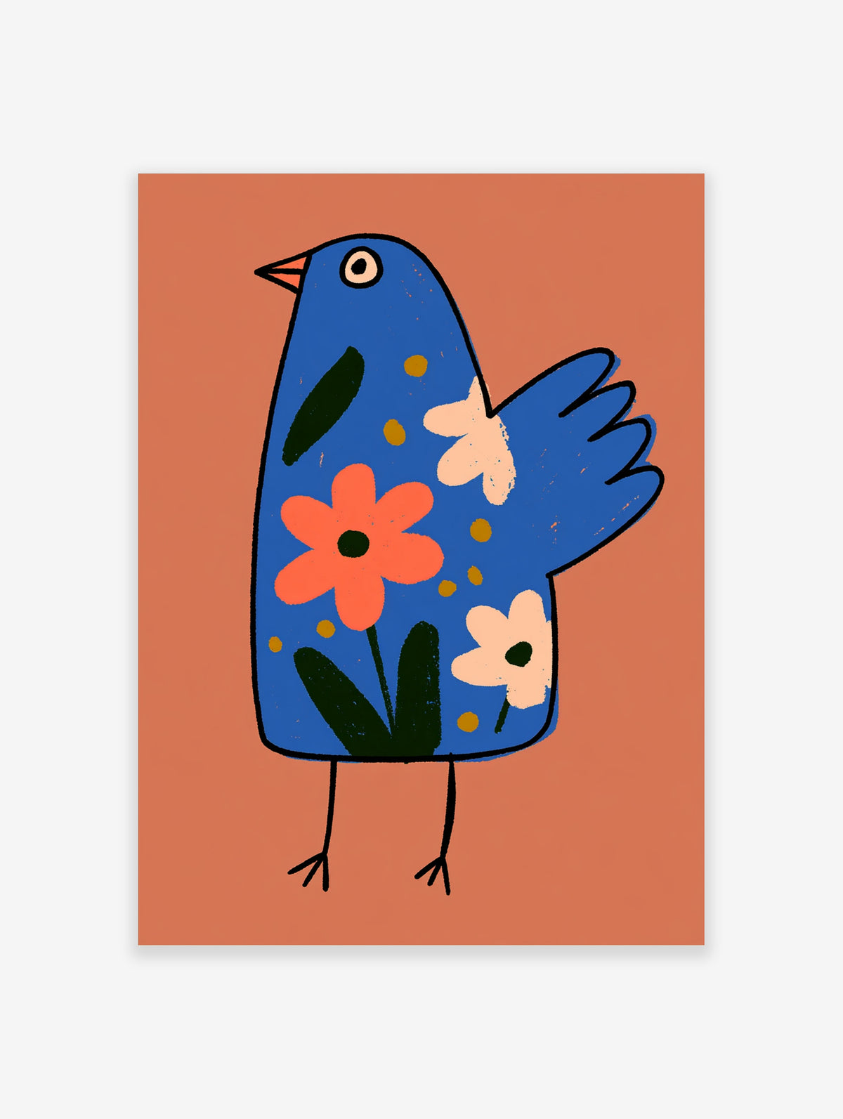 Blue bird art print with orange and cream flowers on terracotta background
