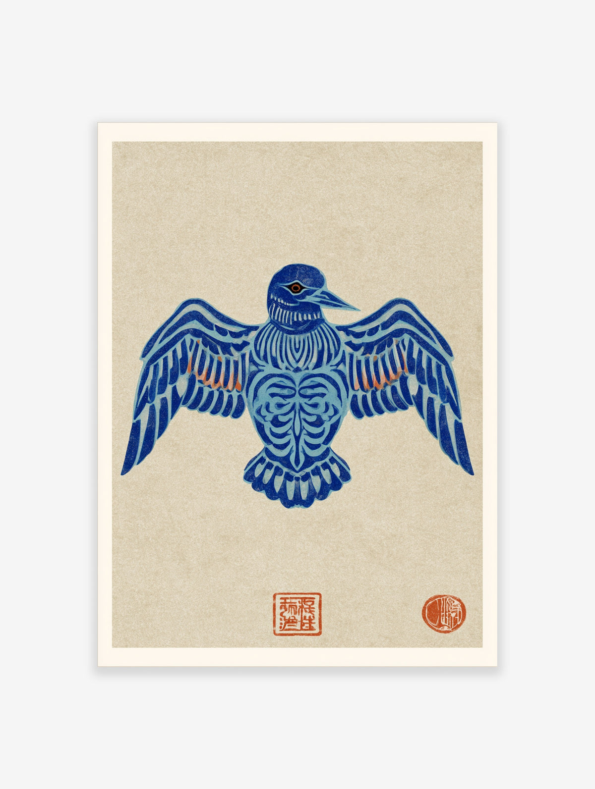 Blue folk art bird poster with outstretched wings and layered blue feathers on a beige background