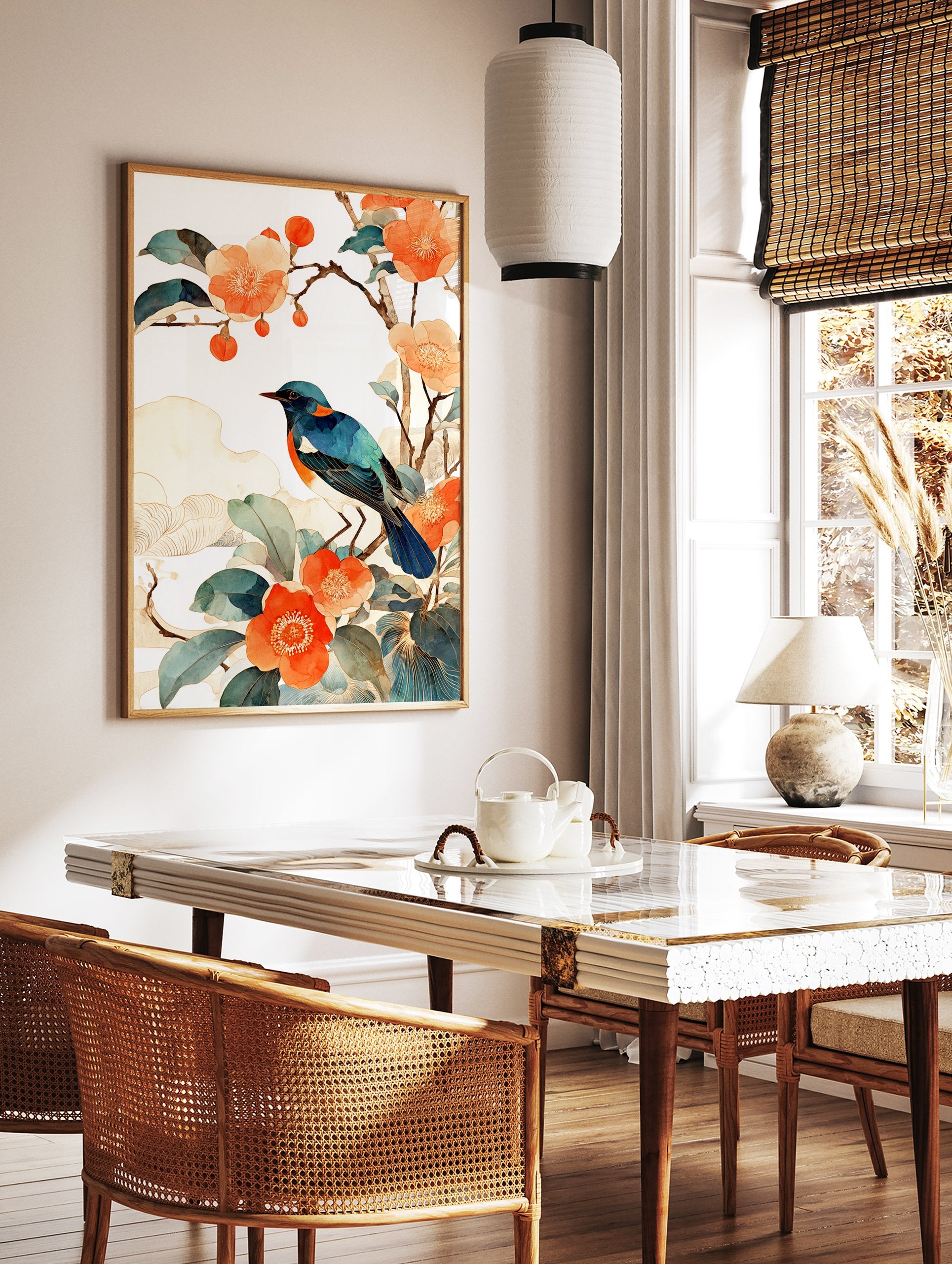 Blue bird perched on a branch with orange flowers and green leaves, in a watercolor Japanese botanical wall art style. - Image 2