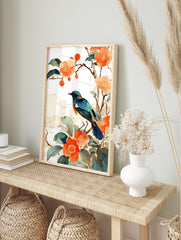 Blue bird perched on a branch with orange flowers and green leaves, in a watercolor Japanese botanical wall art style. - Image 3