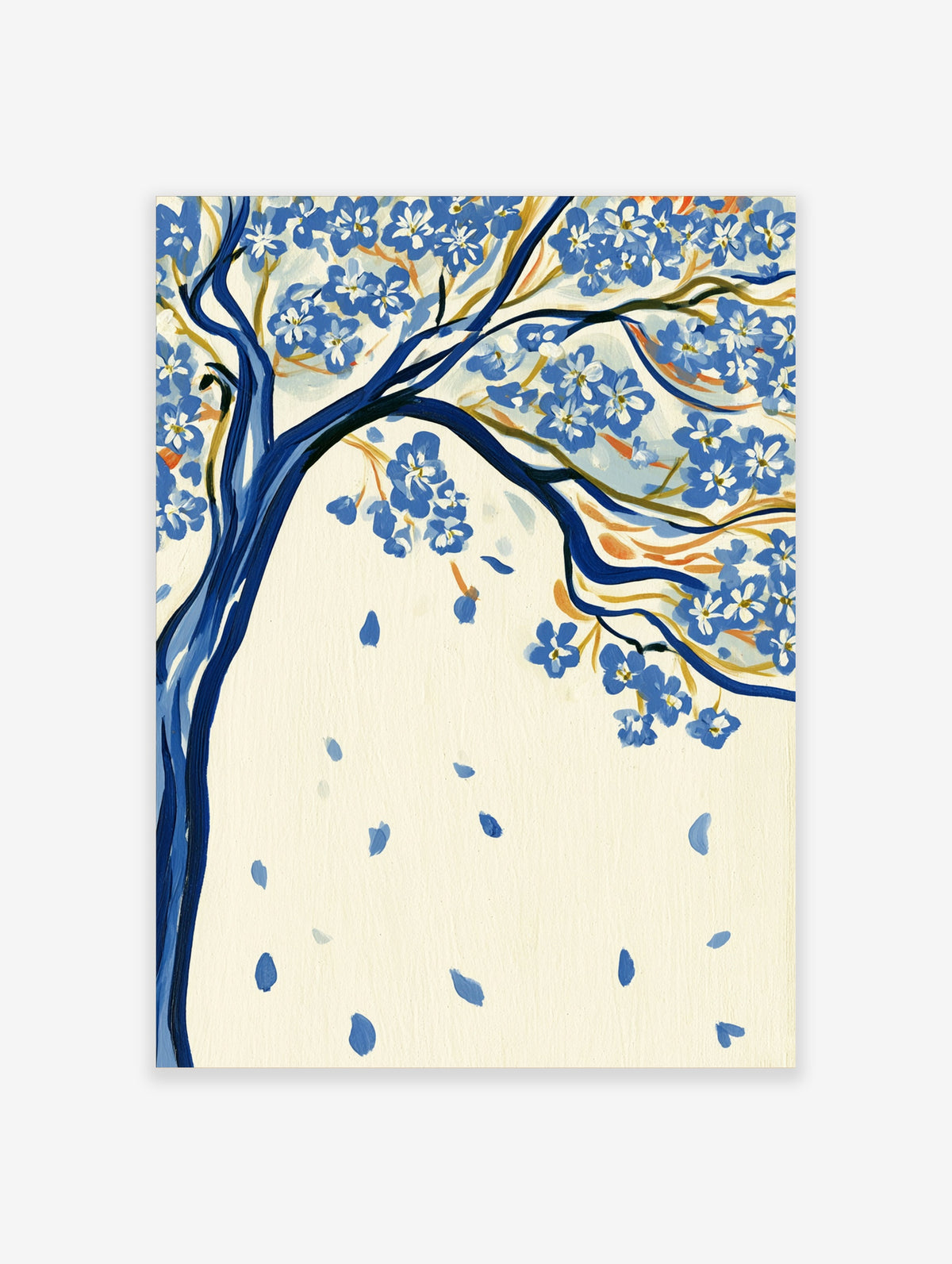 Blue blossom tree art print with navy branches, cobalt flowers, and falling petals on cream background
