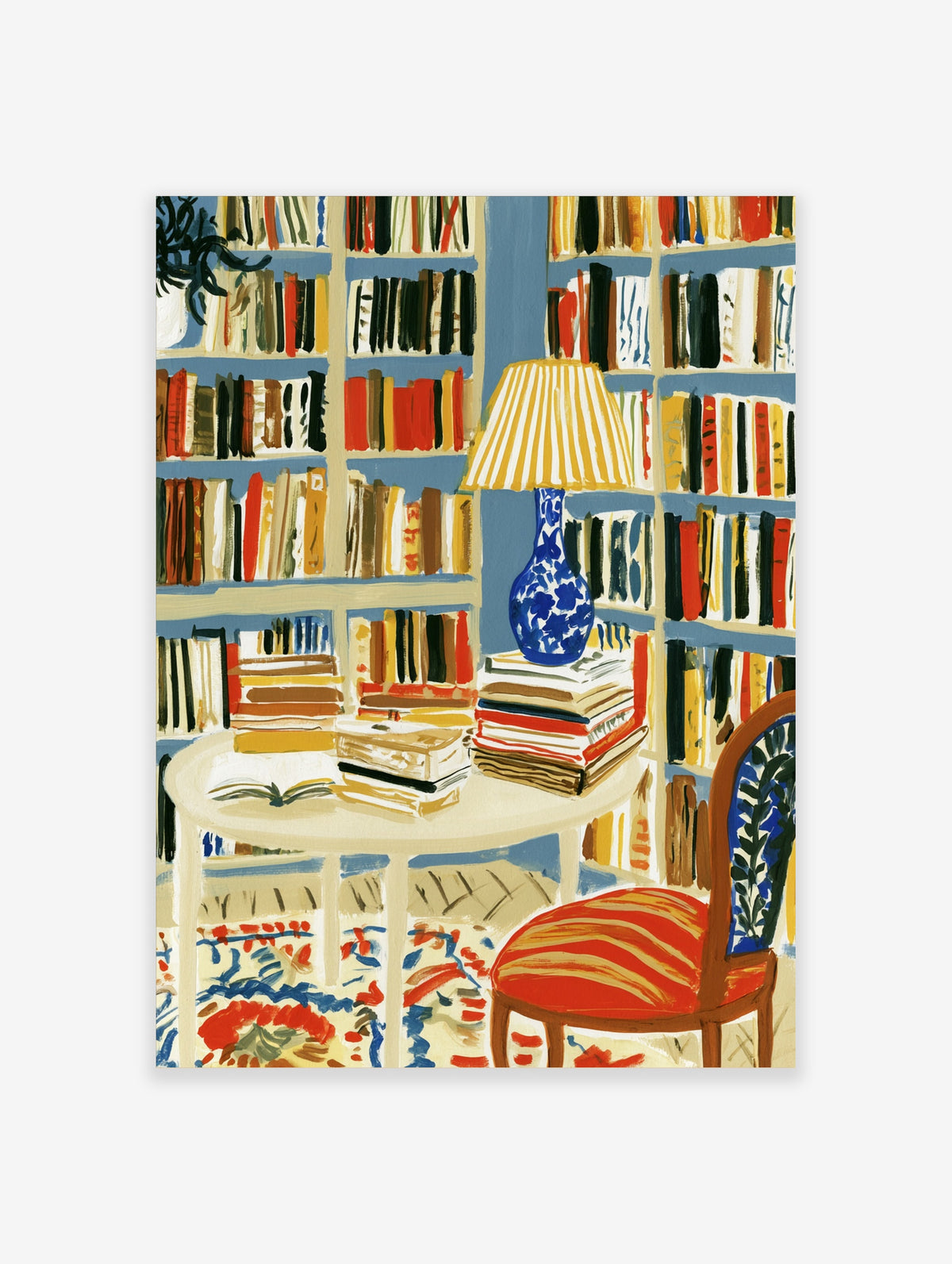 Blue bookshelf poster with stacked books, striped lamp, red chair, and patterned rug in a reading nook scene