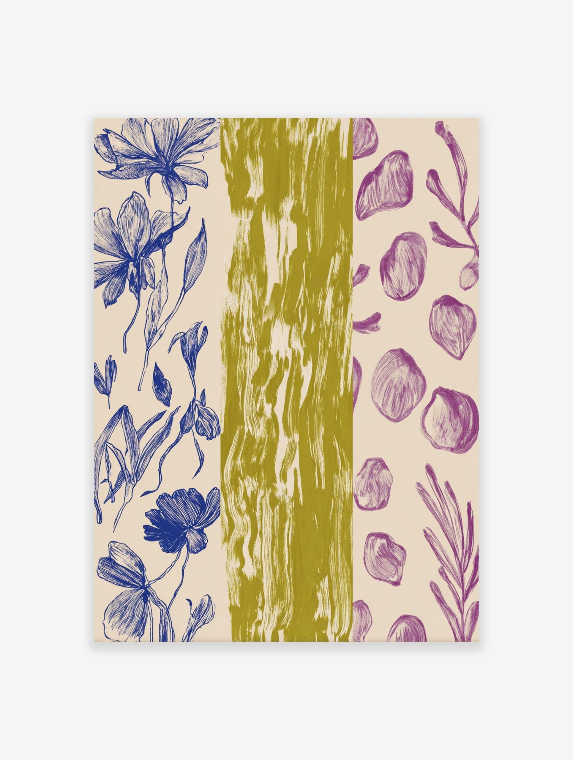 Blue botanical flower outlines, purple abstract organic shapes, and olive green textured stripe art print
