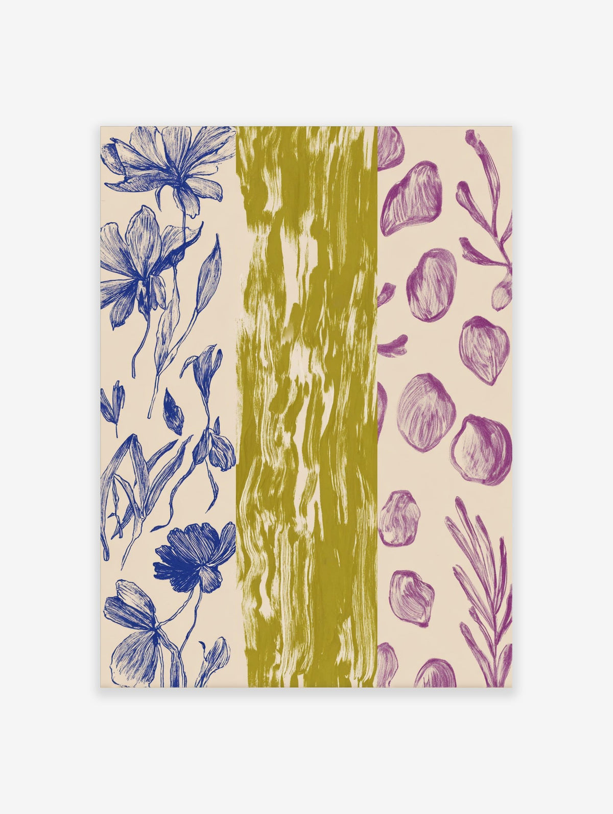 Blue botanical flower outlines, purple abstract organic shapes, and olive green textured stripe art print