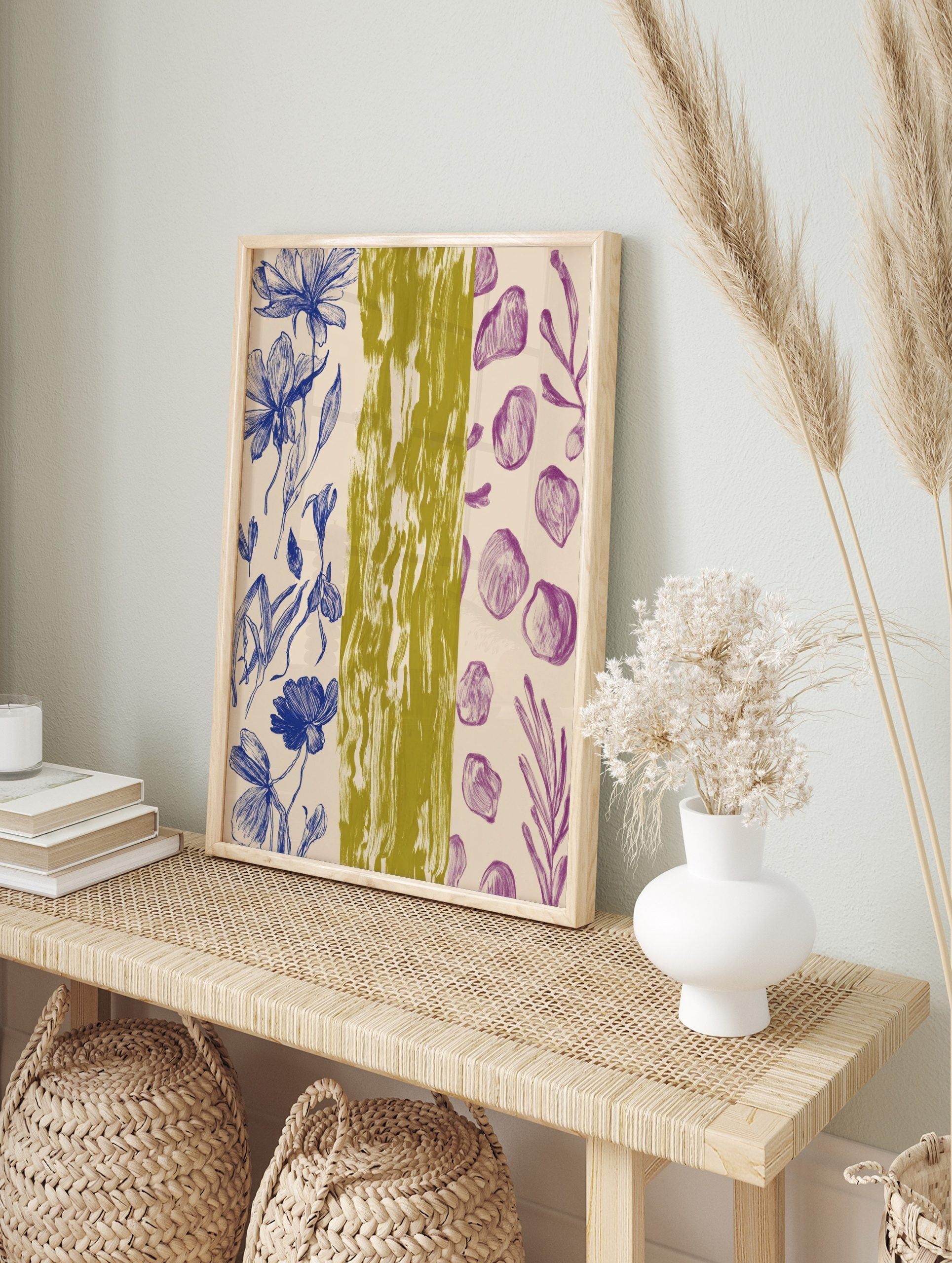 Blue botanical flower outlines, purple abstract organic shapes, and olive green textured, in an alternate framed mockup