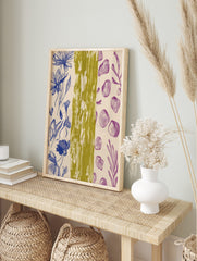 Blue botanical flower outlines, purple abstract organic shapes, and olive green textured, in an alternate framed mockup