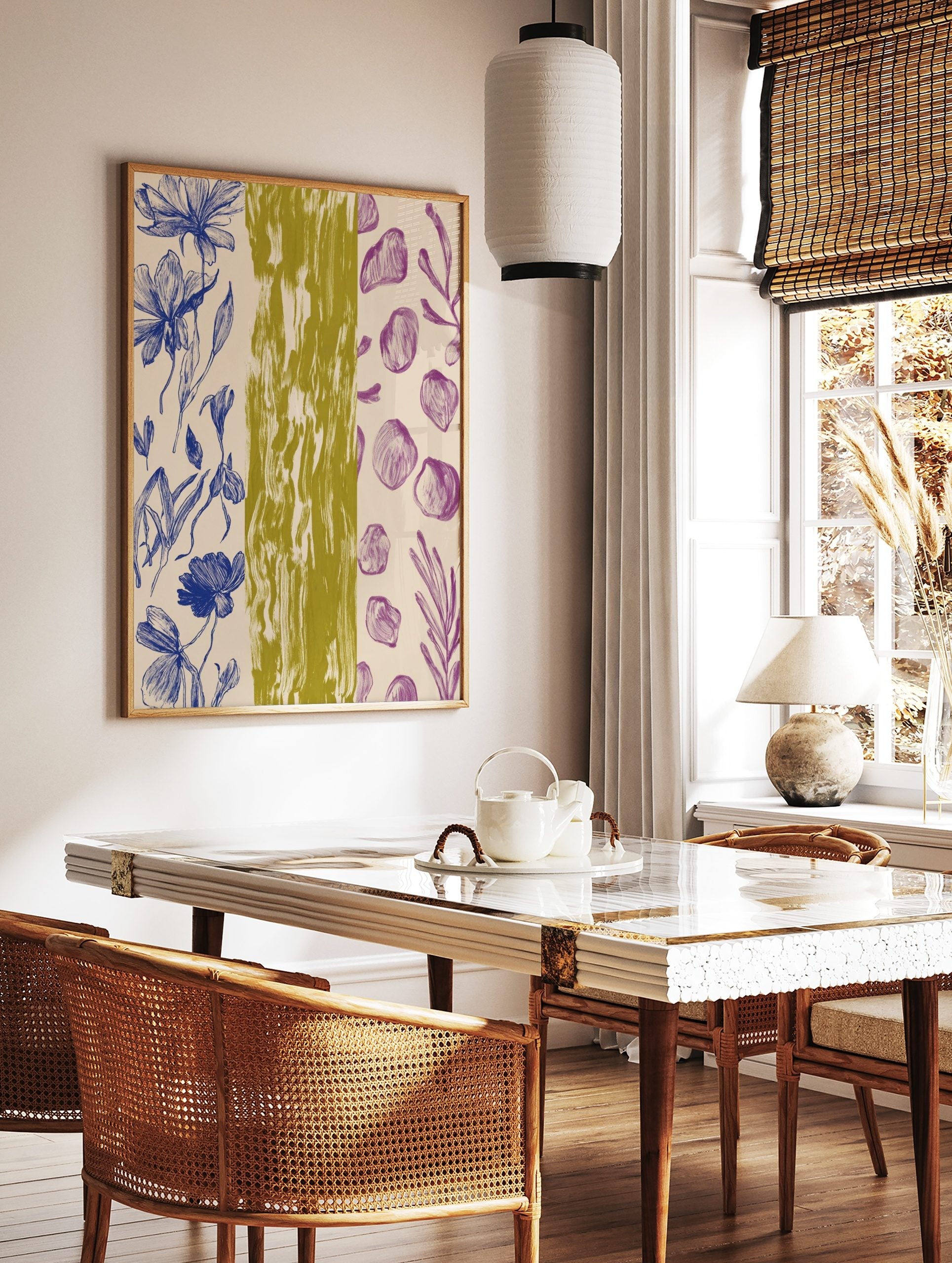 Blue botanical flower outlines, purple abstract organic shapes, and olive green textured stripe art, in a styled room mockup