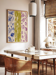 Blue botanical flower outlines, purple abstract organic shapes, and olive green textured stripe art, in a styled room mockup