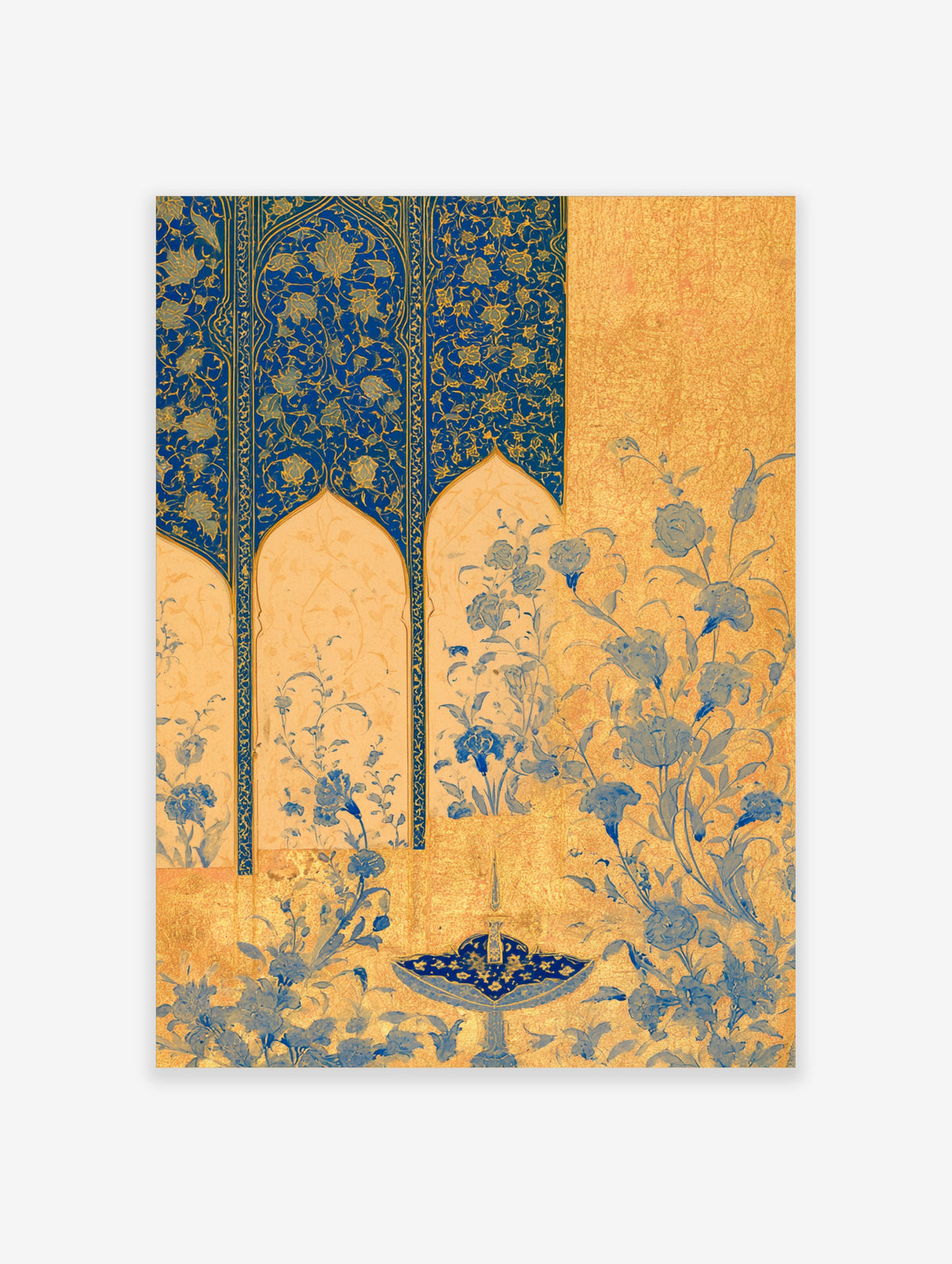 Blue and gold botanical arch art print with ornate floral vines and central vase motif