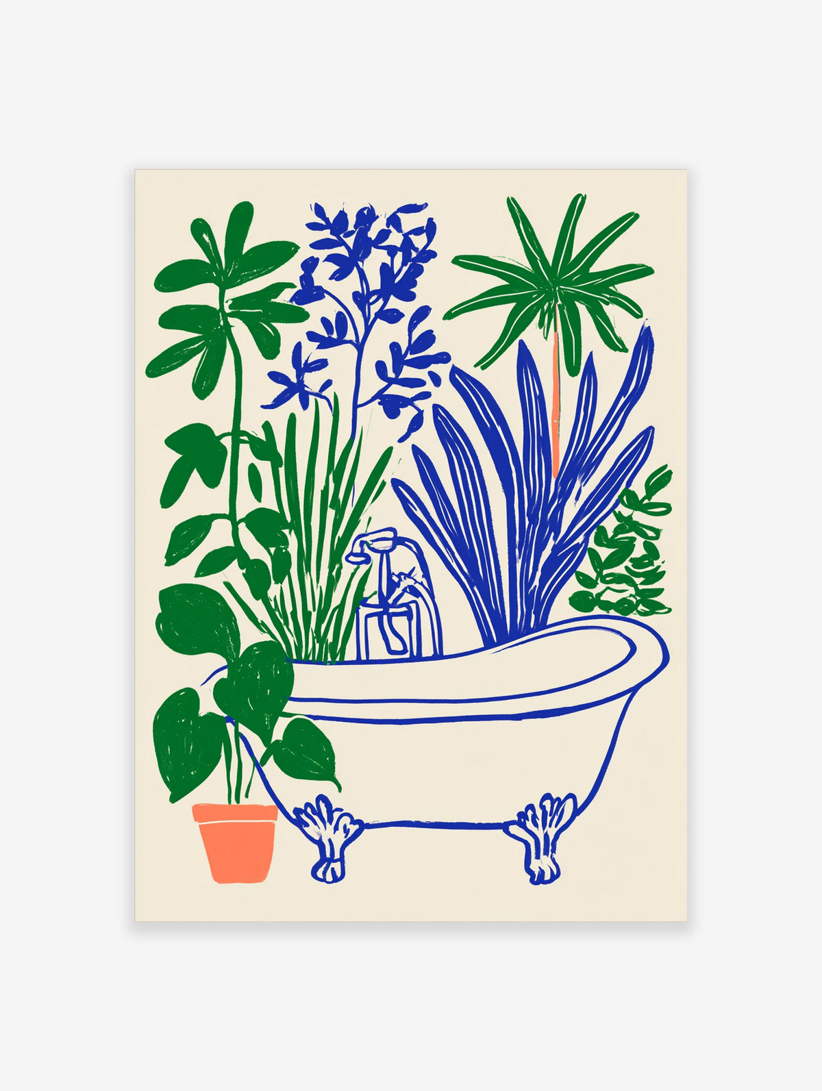 Blue and green botanical poster of a clawfoot bathtub filled with houseplants on a beige background
