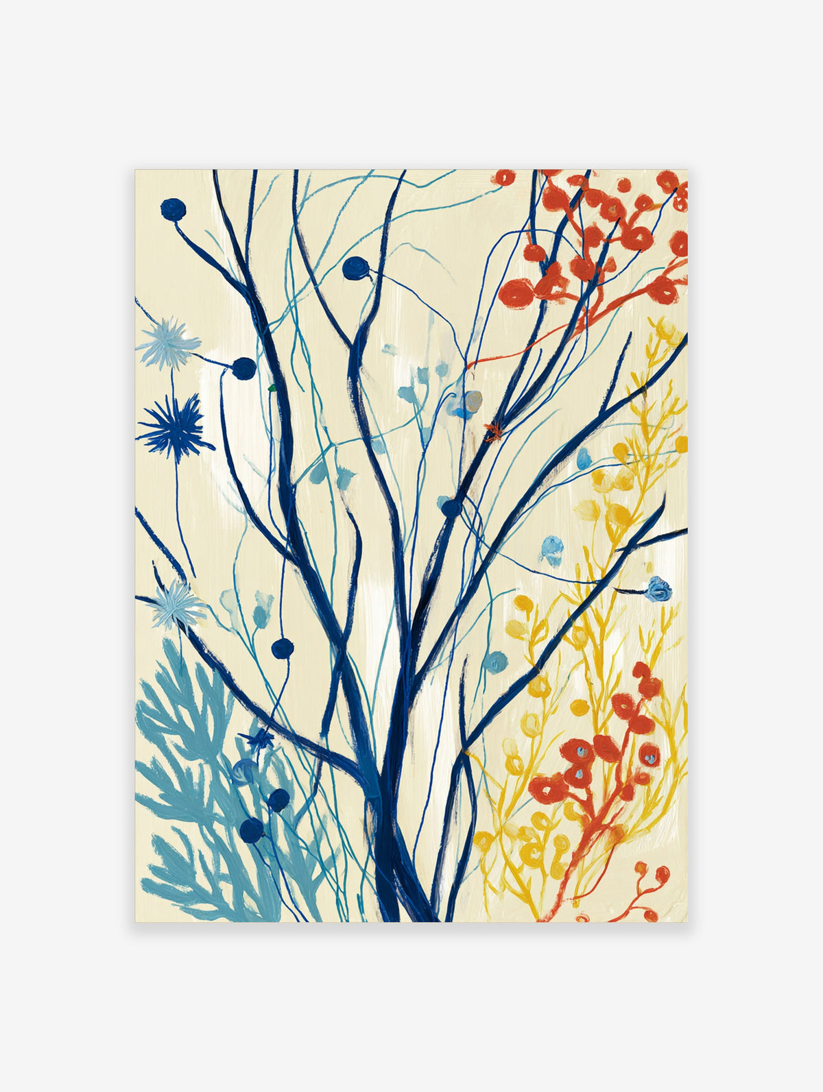 Abstract blue branches with red and yellow berries on cream background art print