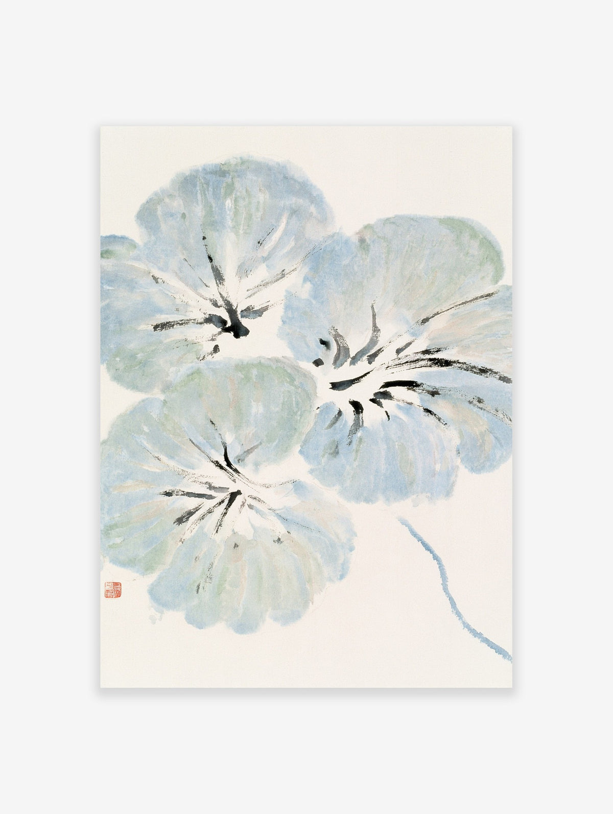 Abstract blue botanical flower print with expressive ink strokes on a white background