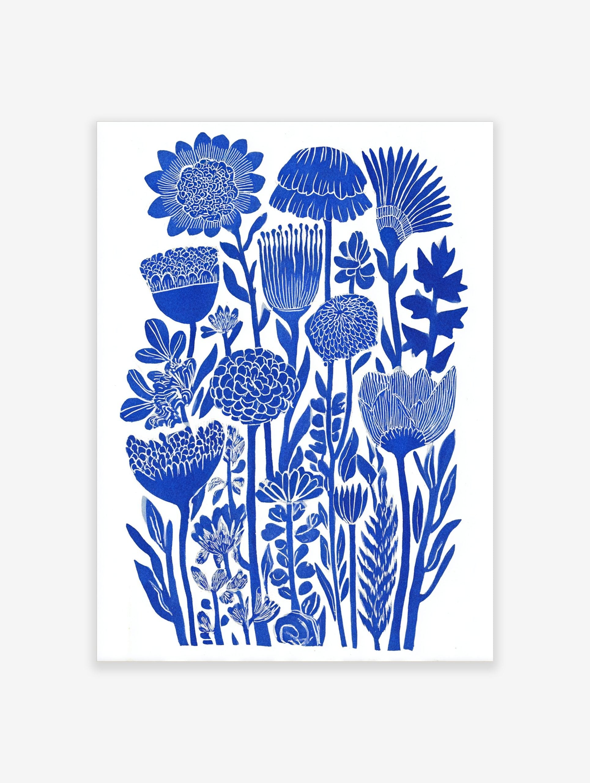 Blue botanical flower illustration art print with dense stylised floral forms on white background