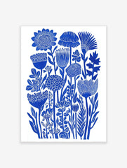 Blue botanical flower illustration art print with dense stylised floral forms on white background