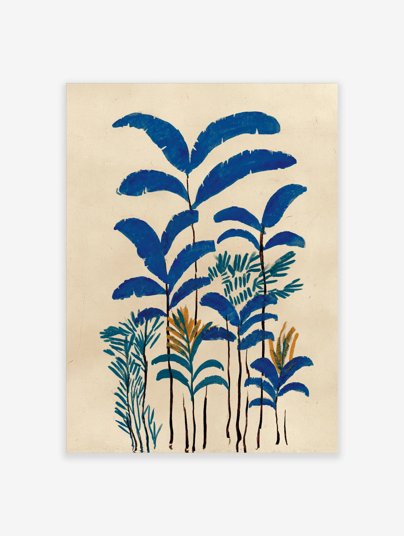 Blue botanical leaf print with stylised palm and fern leaves on cream background