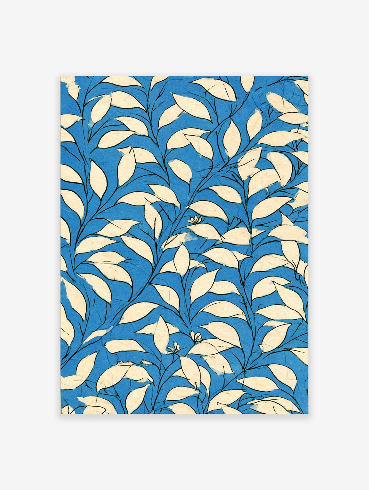 Blue botanical leaf pattern with cream leaves and black stems, vertical art print