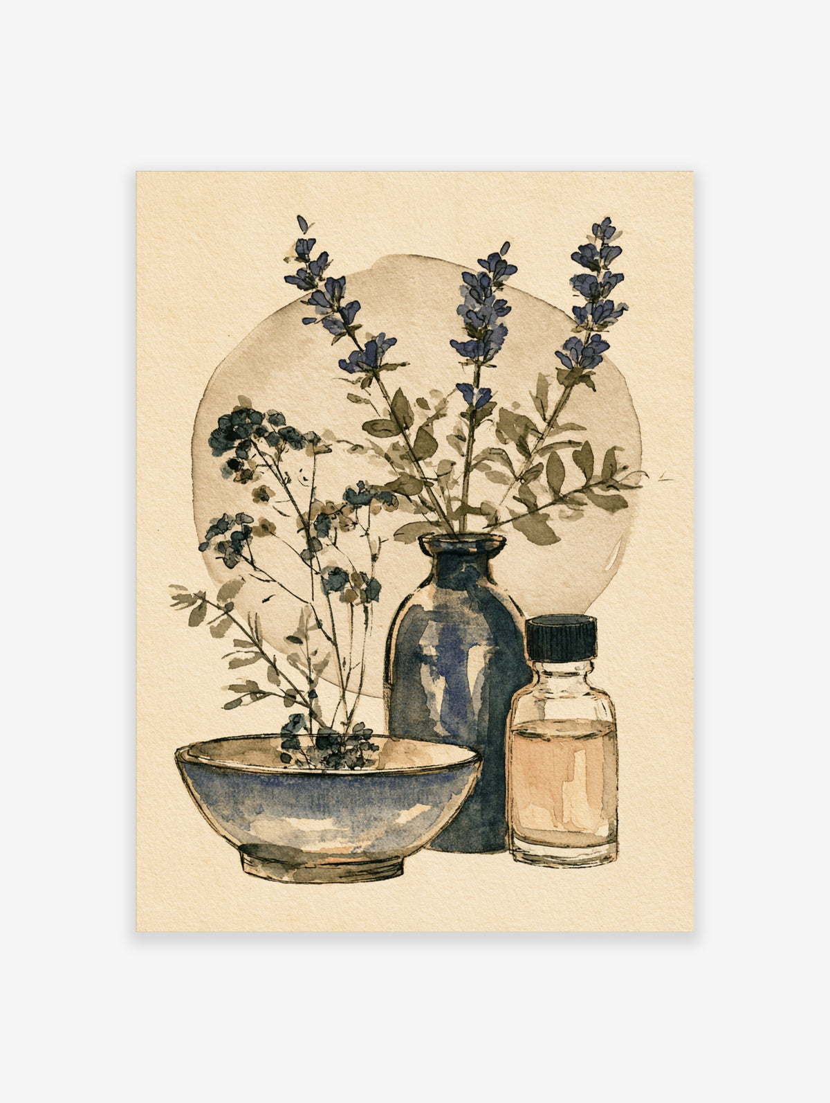 Watercolour still life of blue lavender in a dark vase with a bowl of dried flowers and a glass bottle