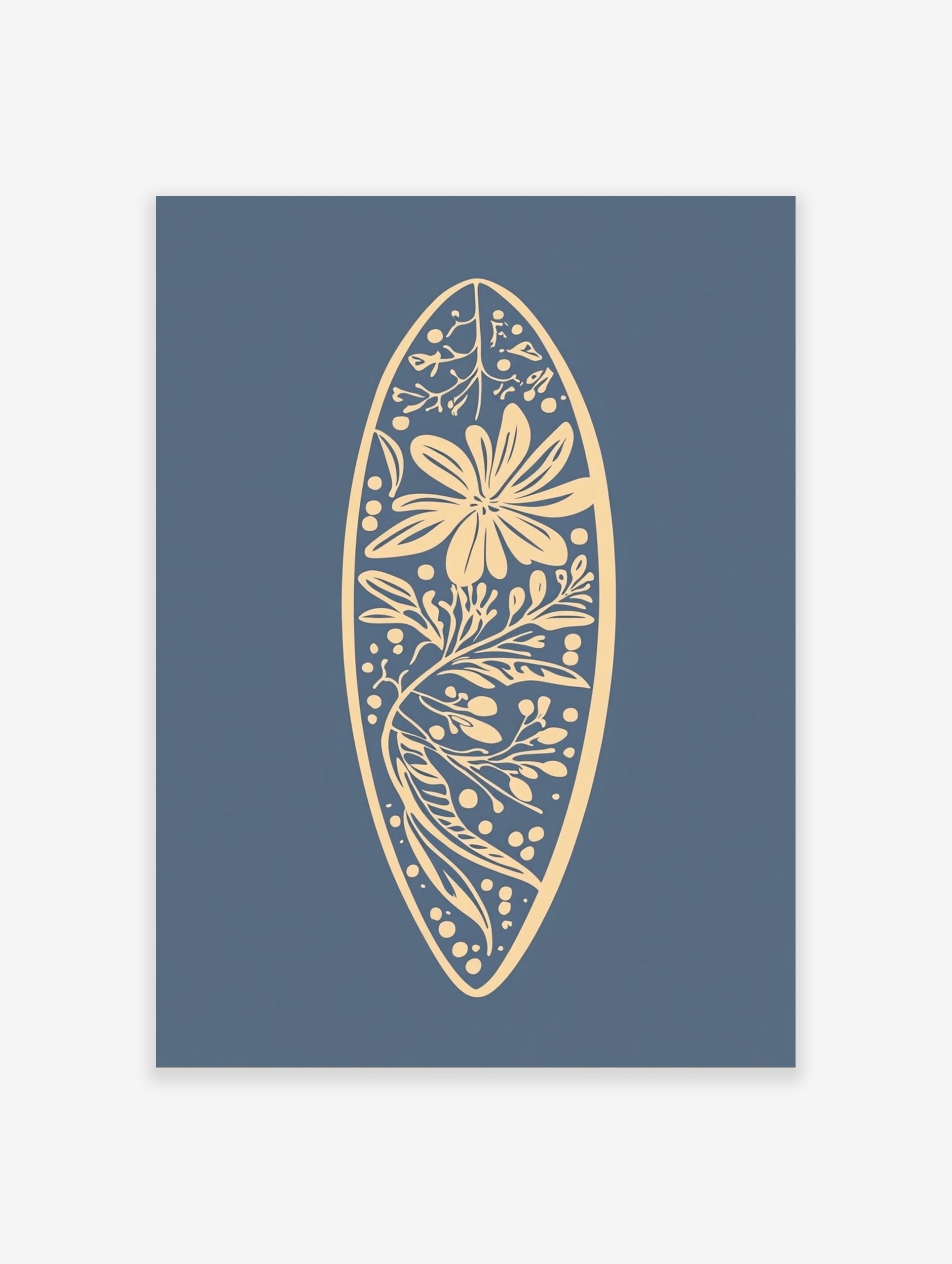 Botanical illustration in a surfboard shape with a large flower, leaves, and berries on a blue background