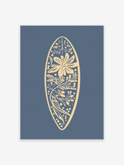 Botanical illustration in a surfboard shape with a large flower, leaves, and berries on a blue background
