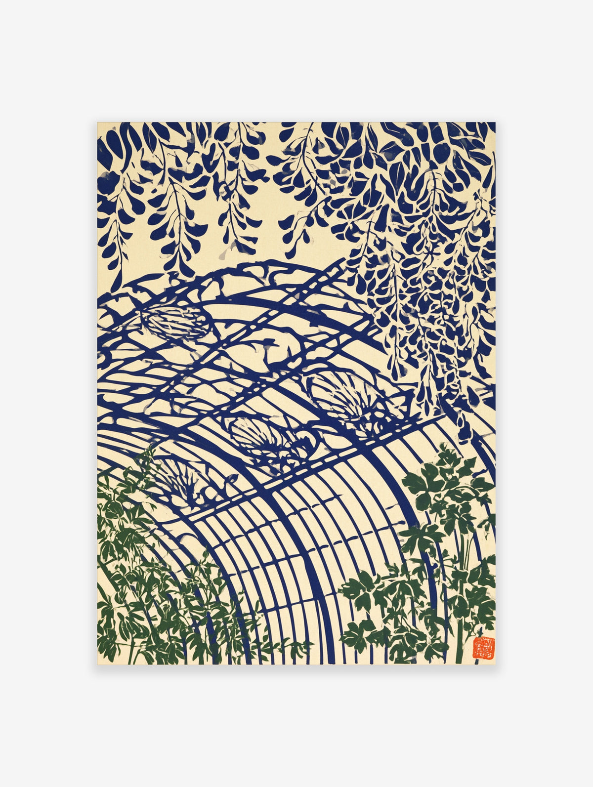 Blue wisteria and trellis Japanese style botanical art print on cream background