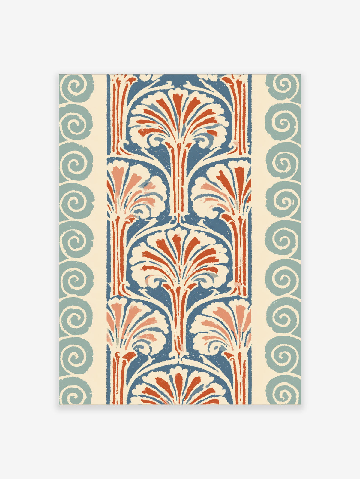 Blue botanical pattern print with fan-shaped leaves and scroll borders in terracotta, cream and teal
