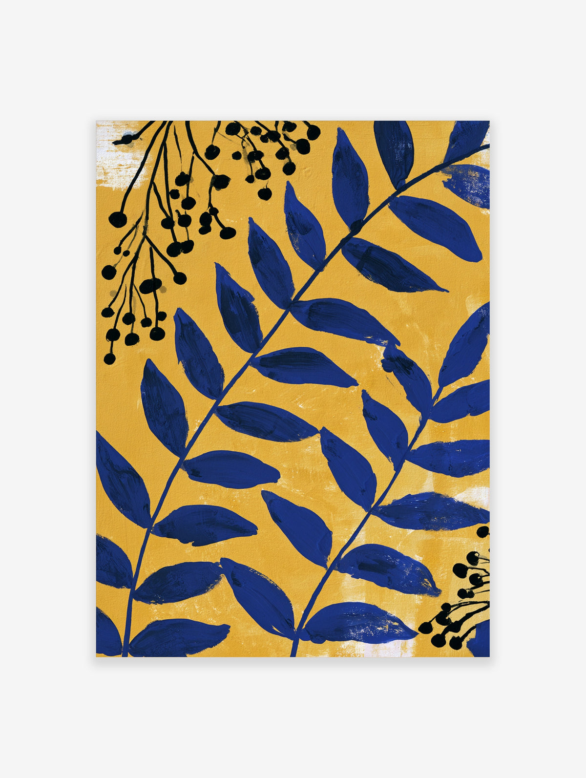 Indigo blue botanical leaves and black berries on mustard yellow background art print