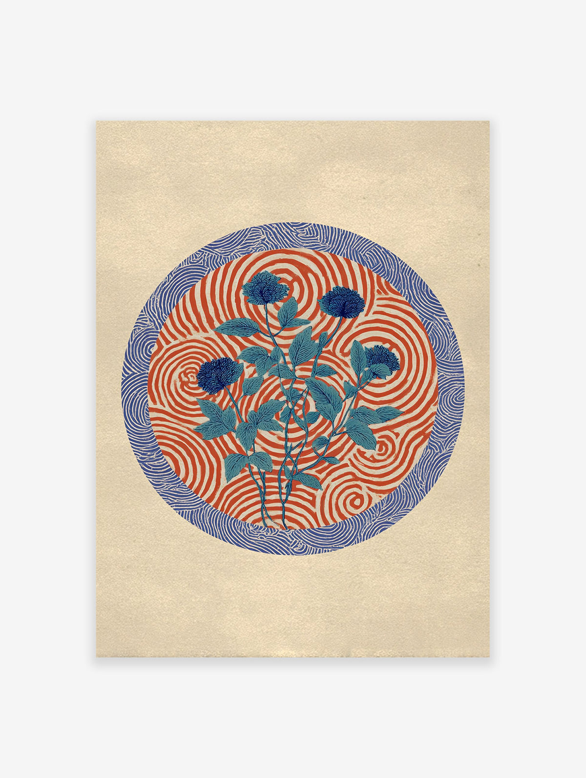 Blue botanical wall art featuring flowers and leaves on a red and white swirl pattern, bordered by a blue wave design.