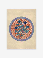 Blue botanical wall art featuring flowers and leaves on a red and white swirl pattern, bordered by a blue wave design.