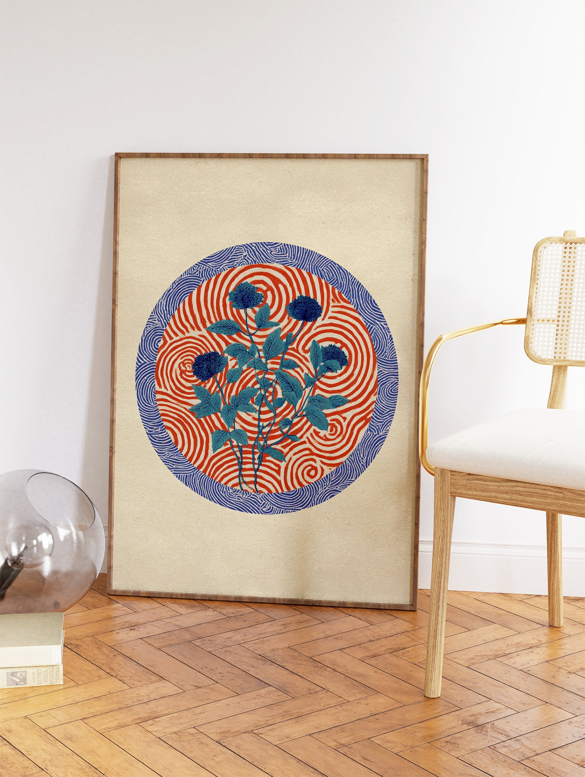Blue botanical wall art featuring flowers and leaves on a red and white swirl pattern, bordered by a blue wave design. - Image 2