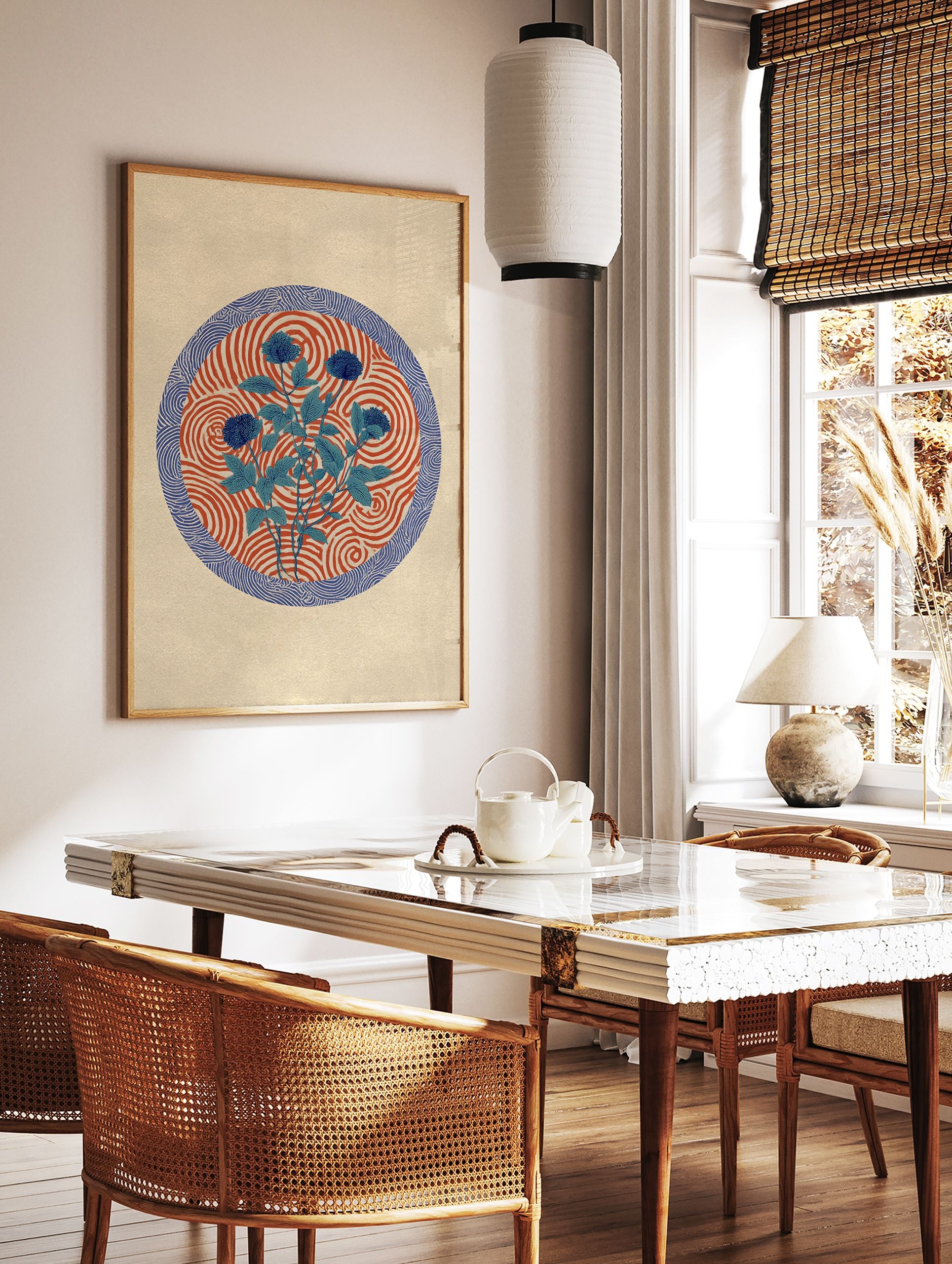 Blue botanical wall art featuring flowers and leaves on a red and white swirl pattern, bordered by a blue wave design. - Image 3