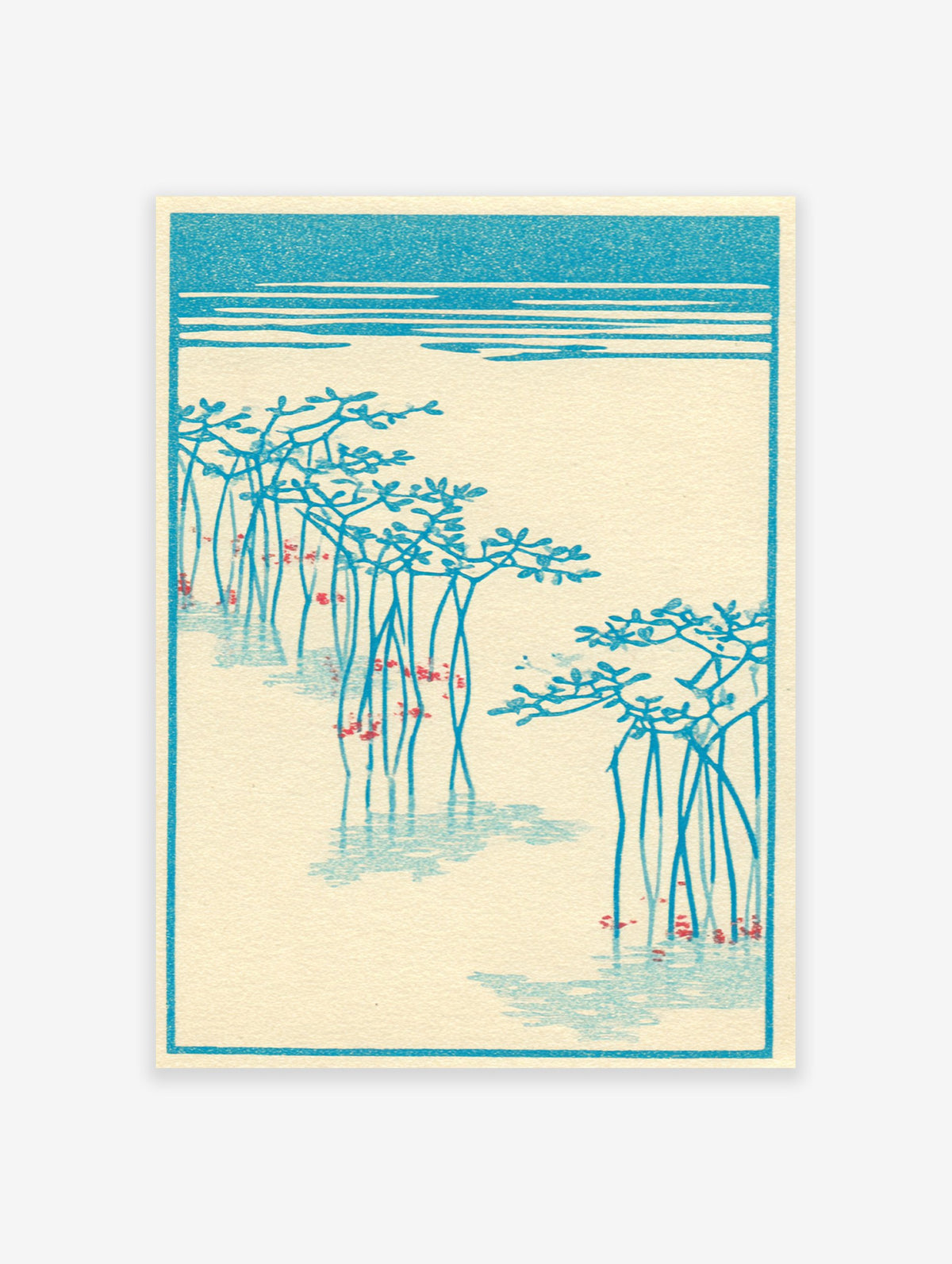 Minimalist blue botanical wall art print depicting reeds in water with small red accents on a cream background.