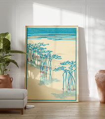 Minimalist blue botanical wall art print depicting reeds in water with small red accents on a cream background. - Image 3