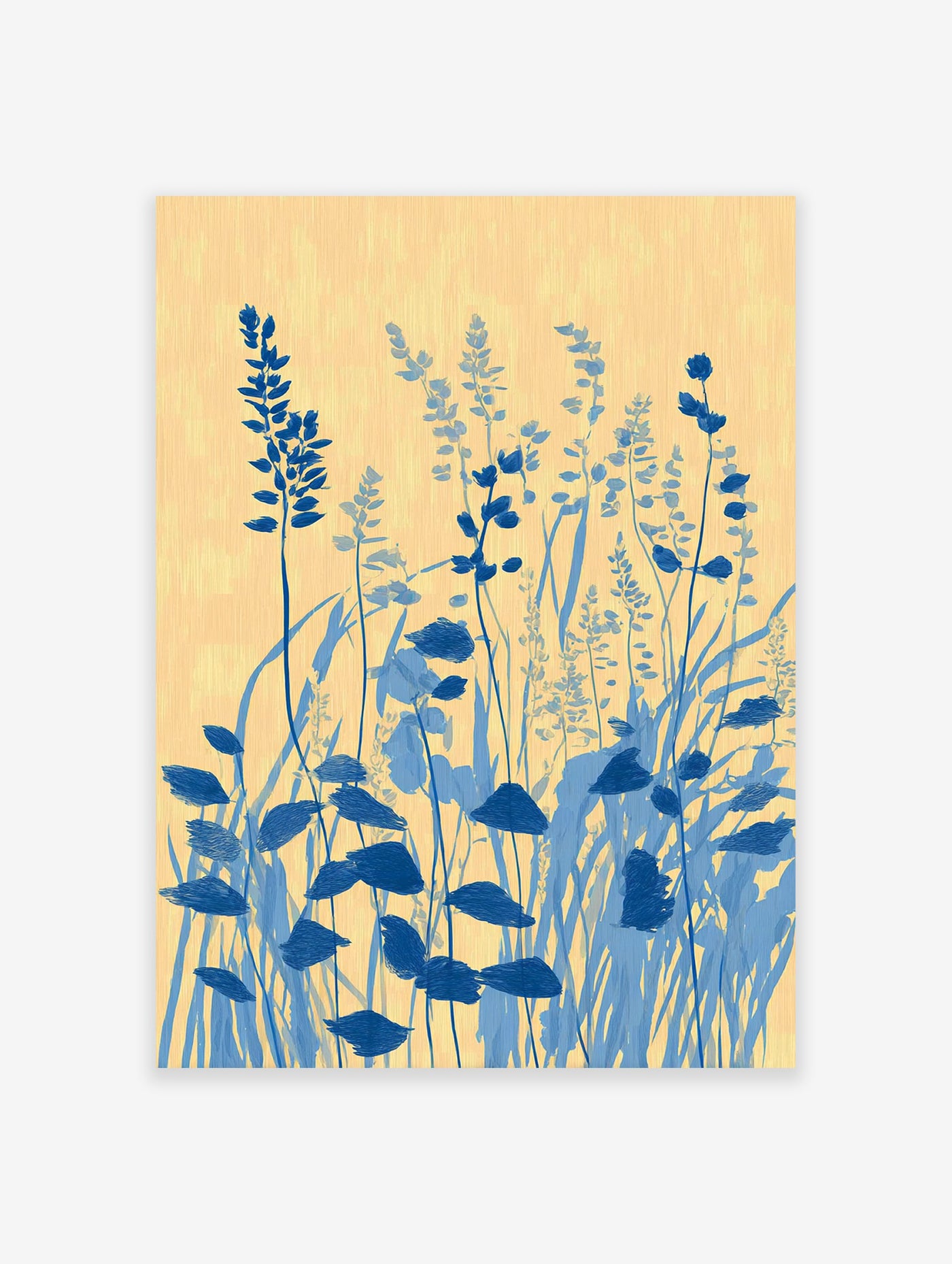 Blue botanical wall art featuring stylized floral and plant illustration on a yellow background with brushstroke texture.