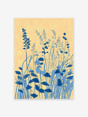 Blue botanical wall art featuring stylized floral and plant illustration on a yellow background with brushstroke texture.
