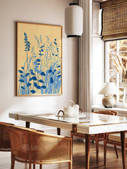 Blue botanical wall art featuring stylized floral and plant illustration on a yellow background with brushstroke texture. - Image 2
