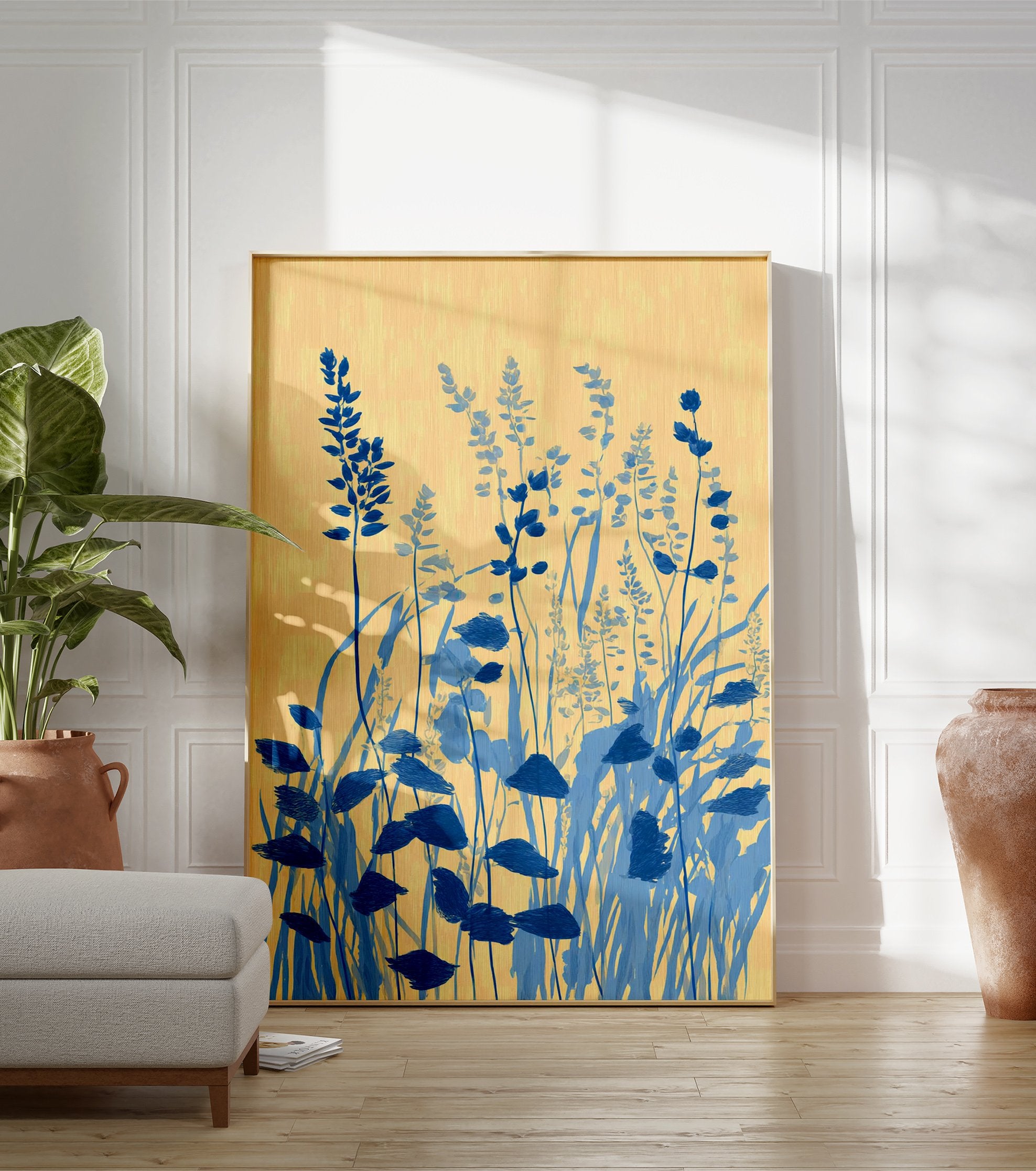 Blue botanical wall art featuring stylized floral and plant illustration on a yellow background with brushstroke texture. - Image 3