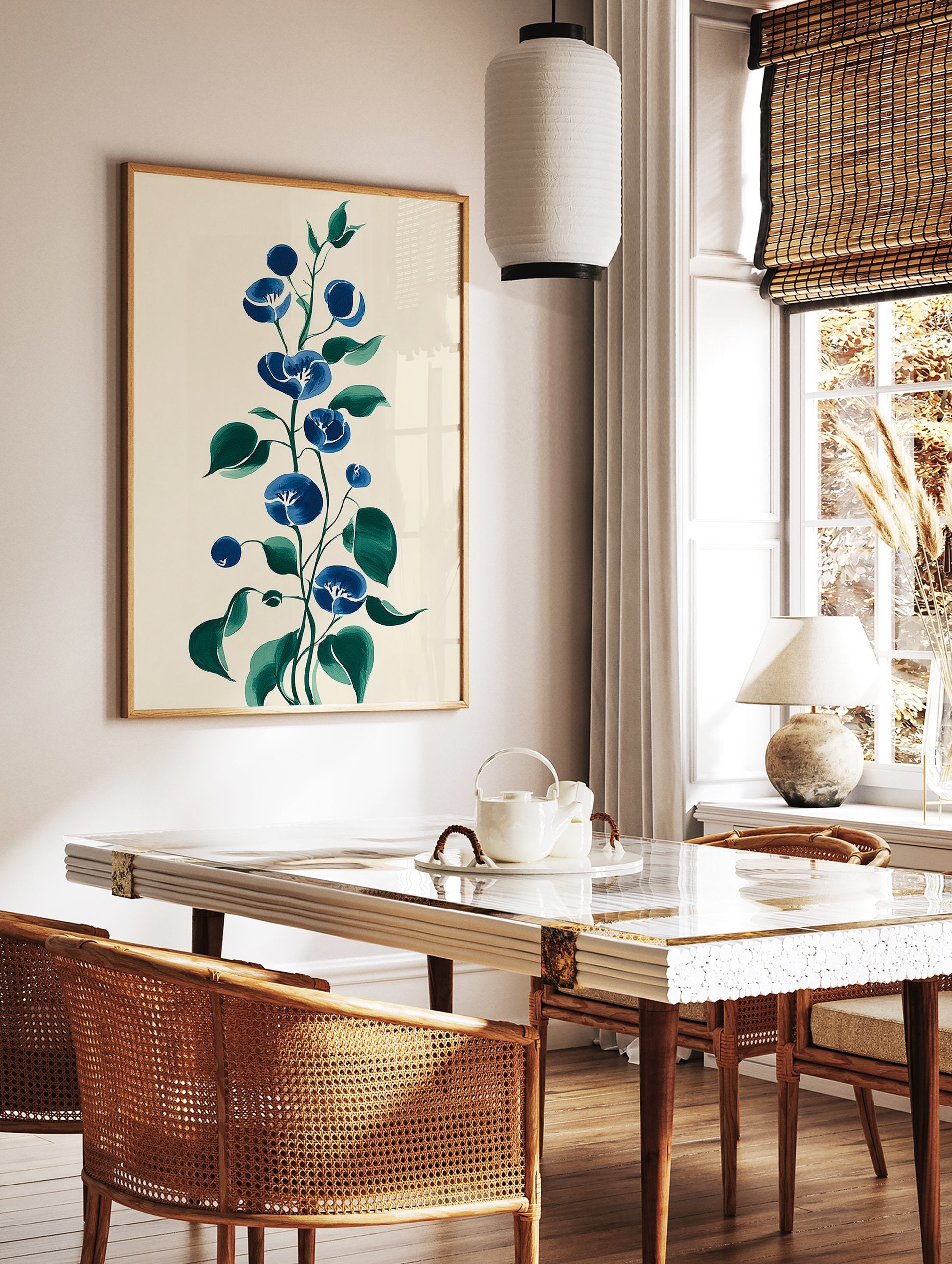 Blue botanical wall art featuring illustrative morning glory flowers and leaves on a cream background, vertical orientation. - Image 2