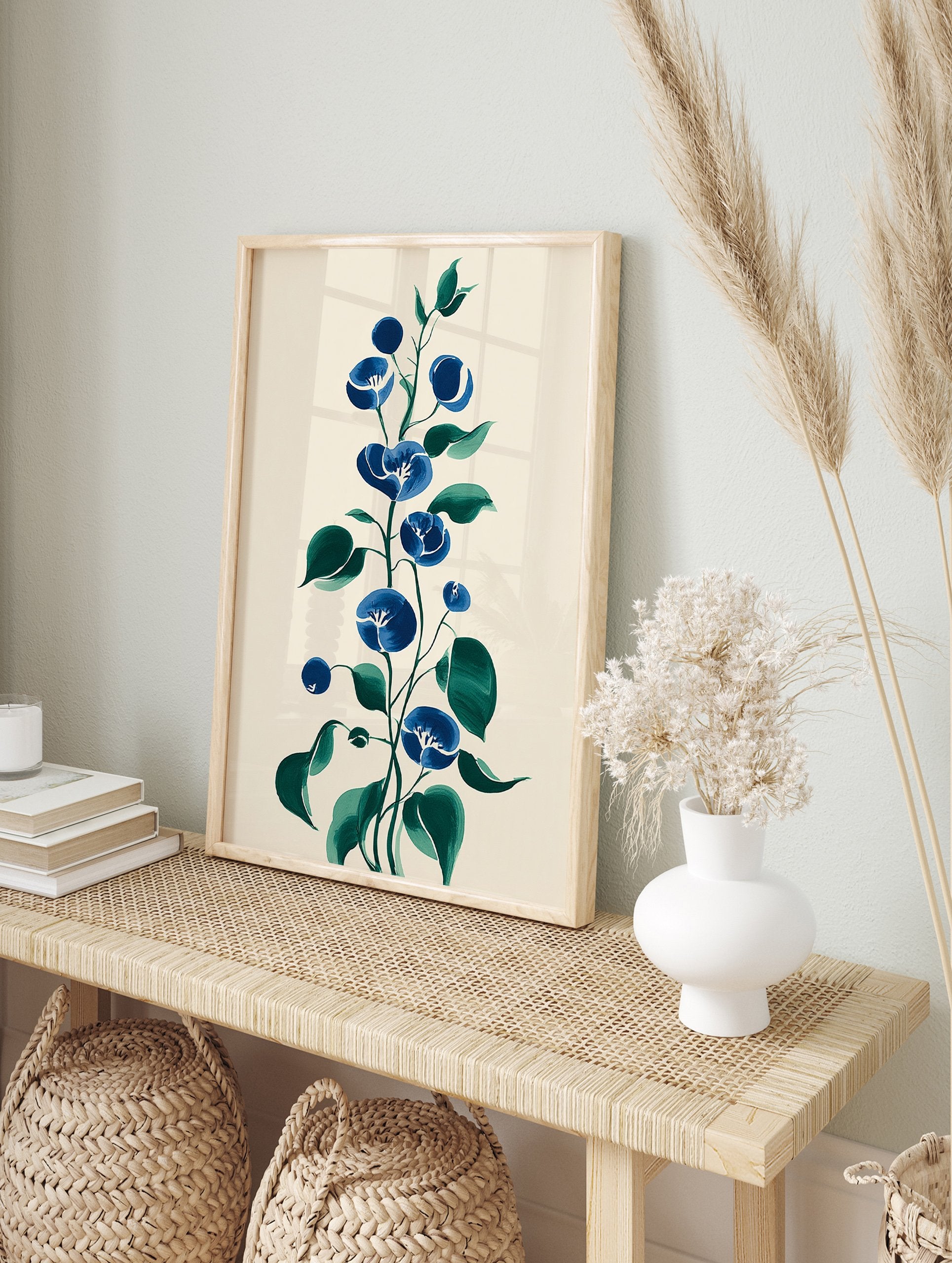 Blue botanical wall art featuring illustrative morning glory flowers and leaves on a cream background, vertical orientation. - Image 3
