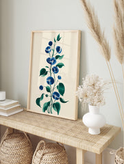 Blue botanical wall art featuring illustrative morning glory flowers and leaves on a cream background, vertical orientation. - Image 3