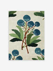 Blue botanical wall art print with painterly style blue flowers and green leaves on a light beige background.