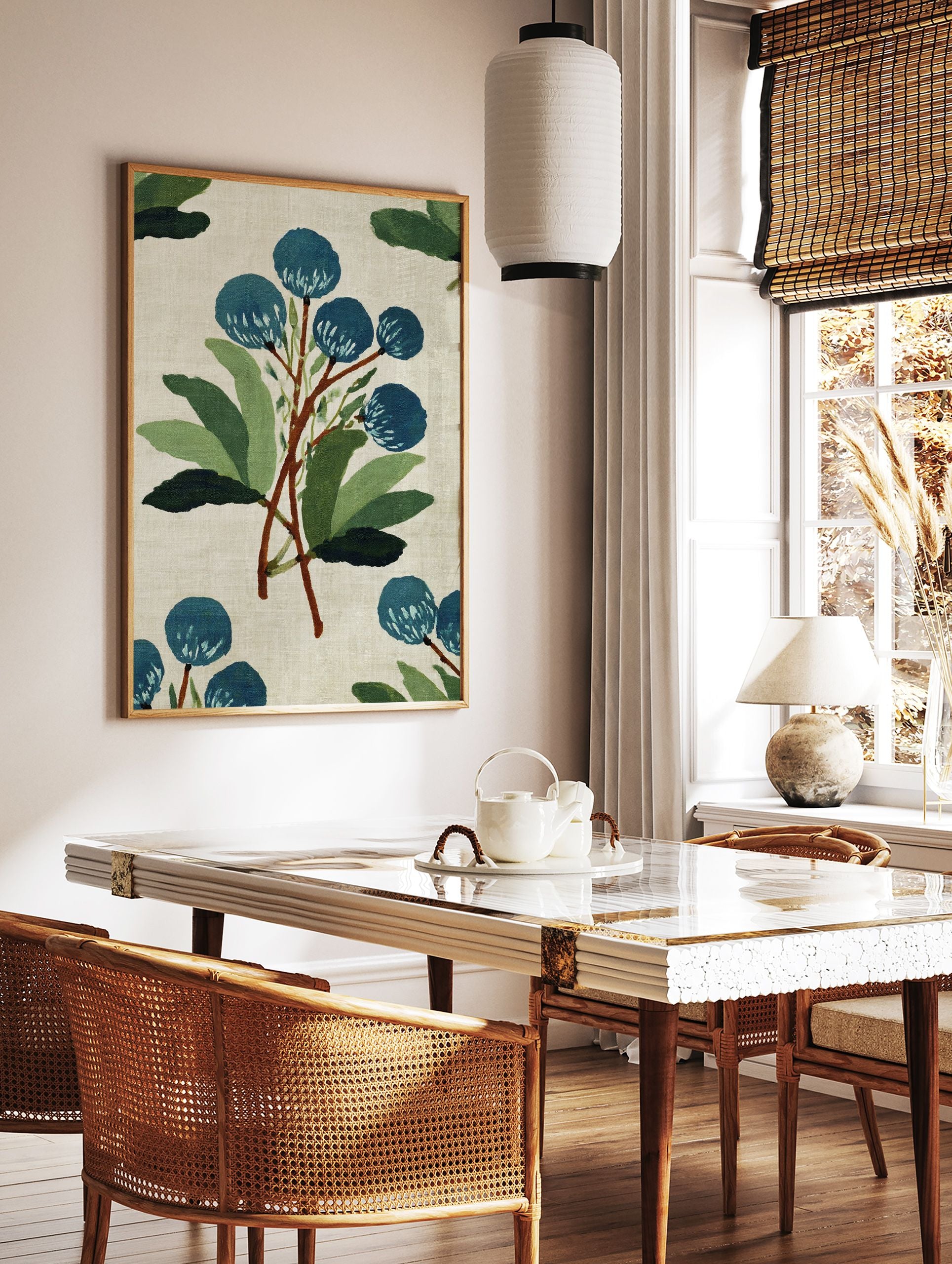 Blue botanical wall art print with painterly style blue flowers and green leaves on a light beige background. - Image 2